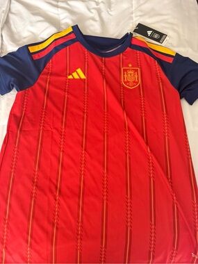adidas men Spain Red Navy Soccer Jersey with Yellow Accents